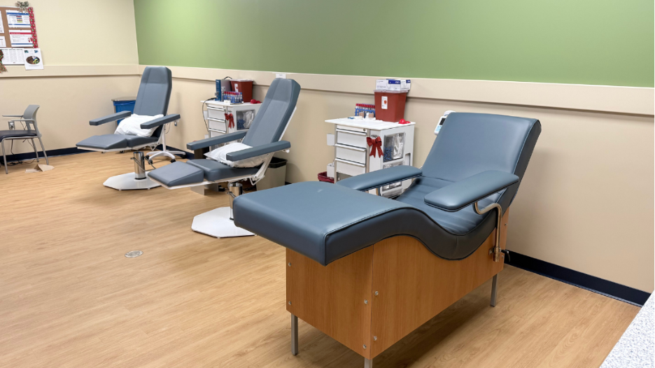 Three empty patient chairs in the Frederick Health Blood Donor Center