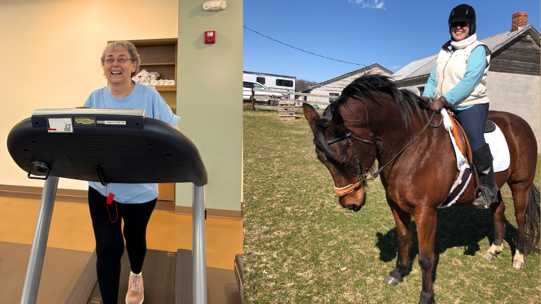 Suzanne has worked her way from the treadmill back onto her horse for longer periods of time without pain